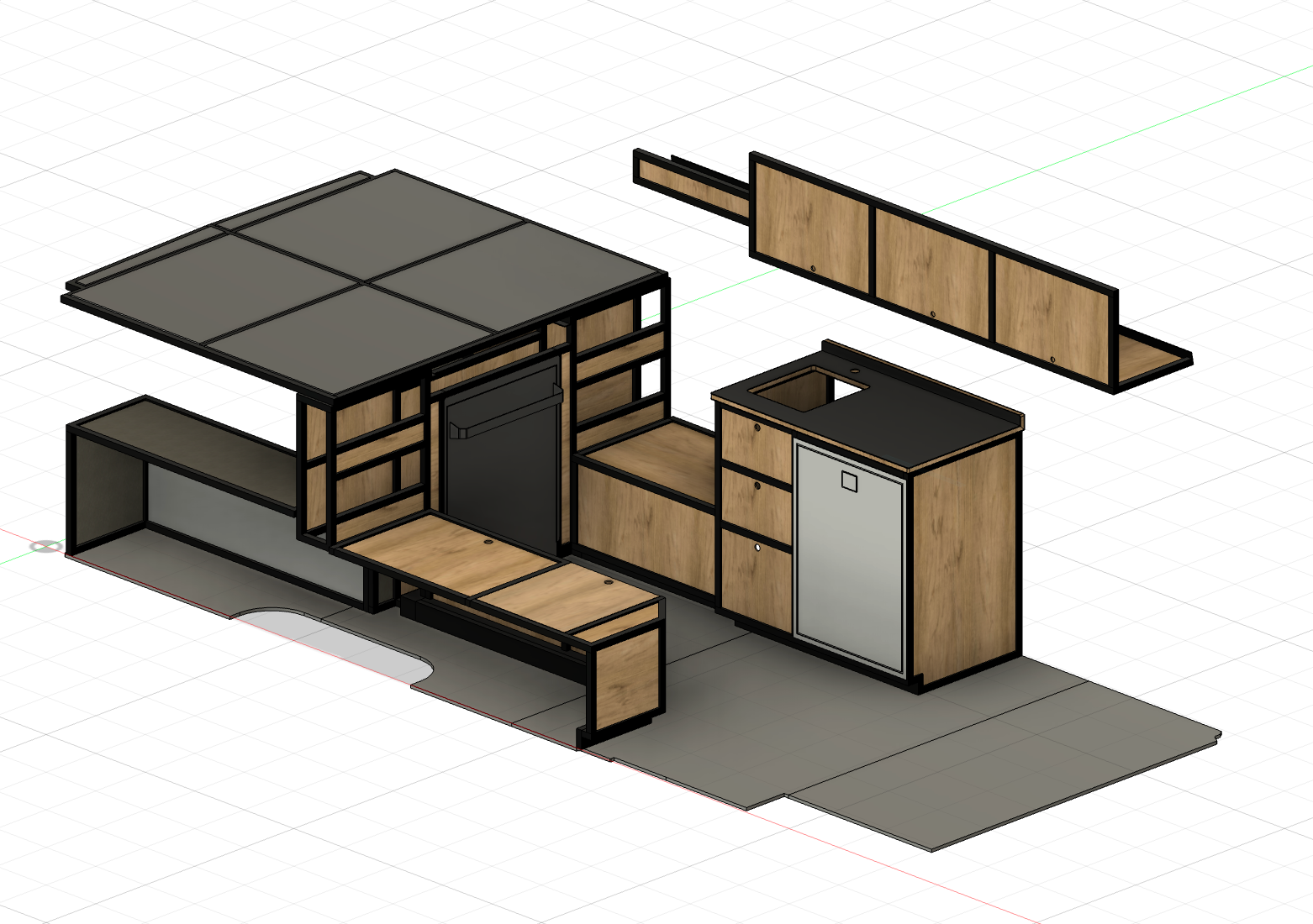 3D rendering of a modern kitchen setup with wooden cabinets and gray countertops.