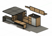 3D rendering of a modern kitchen setup with wooden cabinets and gray countertops.